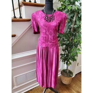 Vintage Sag Harbor Fuschia 100% Rayon Short Sleeve Round Neck Long Maxi Dress 8